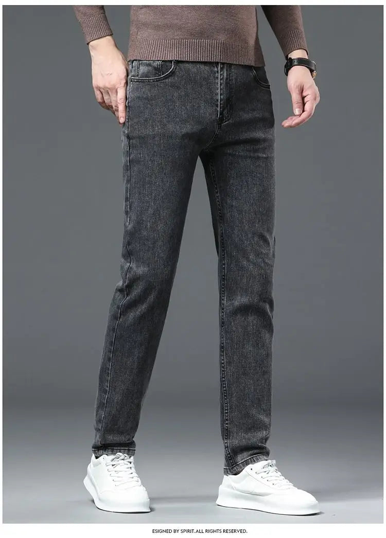 Amekaji Men Fashion  Slim Fit Jeans Male Elasticity Smart Casual Mid Classics Straight Denim Pants Wedding Party Black Trousers