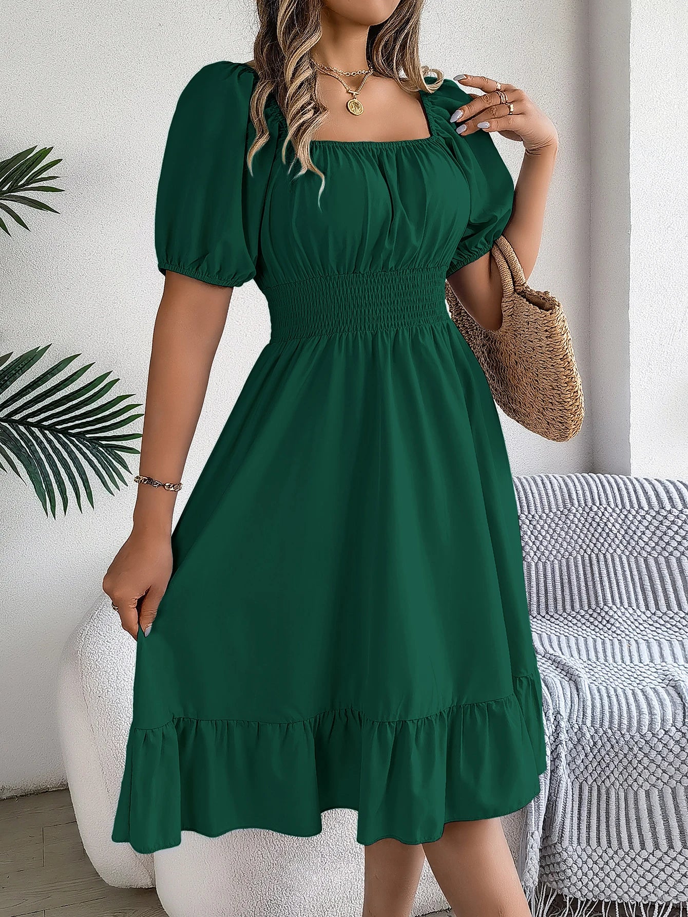 Spring Summer Elegant High Waisted Dress Square Neck Short Sleeved Ruffled Edge Long Dresses for Women 2026 Valentine's Day