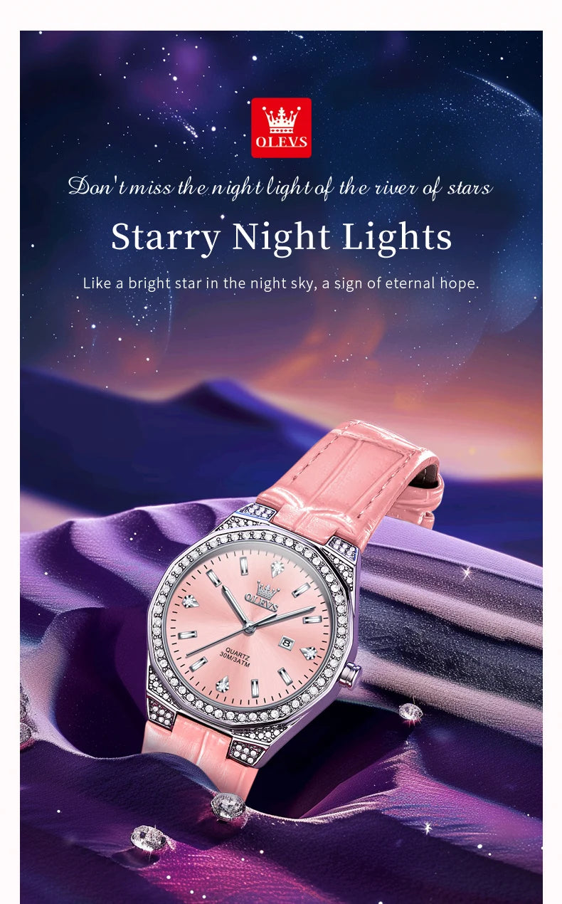 OLEVS NEW Women's Watches Pink Leather Strap Full Diamond New Style Date Waterproof Original Quartz Watch for Girl Fashion