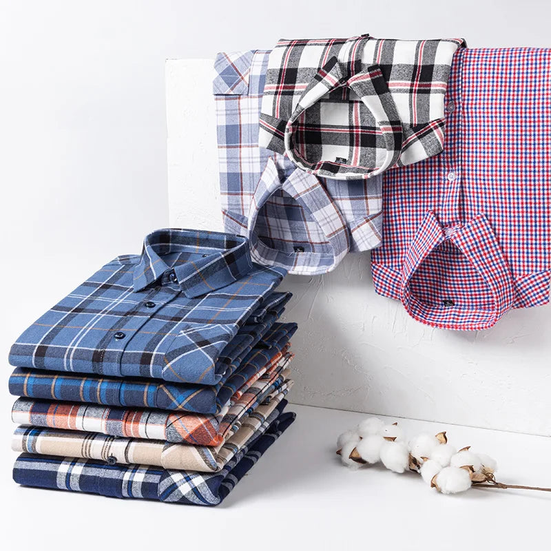 Pure Cotton Men's Plaid Shirts Long Sleeved Regular Fit Casual Office Fashion Shirts Leisure Autumn Male Check Blouses Plus Size