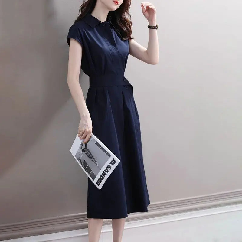 Summer New Elegant Fashion Polo-neck Shirring Waist A-line Dresses Ladies Short Sleeve Temperament Simple Dress Robe Vestidos