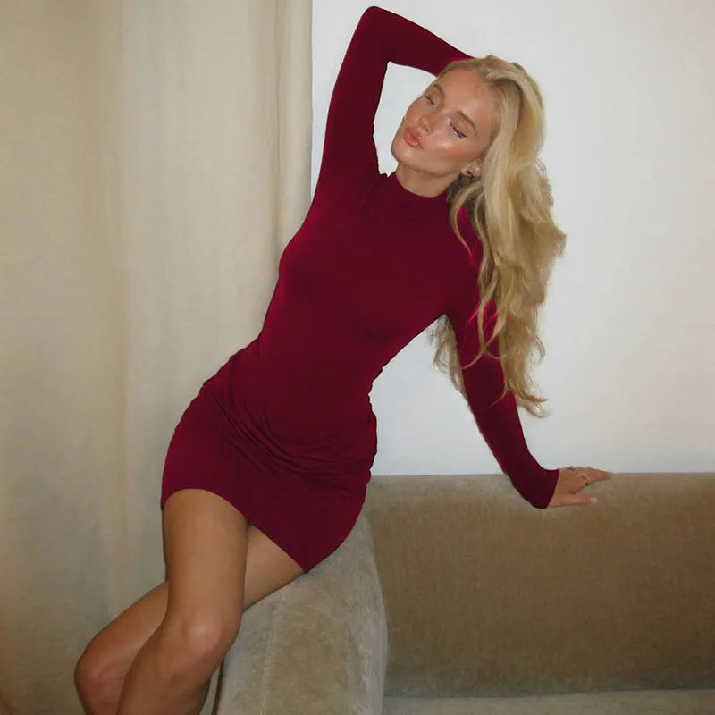 Winter Women Sexy Solid Bodycon Mini Dress Turtleneck Pleated Long Sleeve Slim Vestidos Elegant High Waist Club Party Streetwear