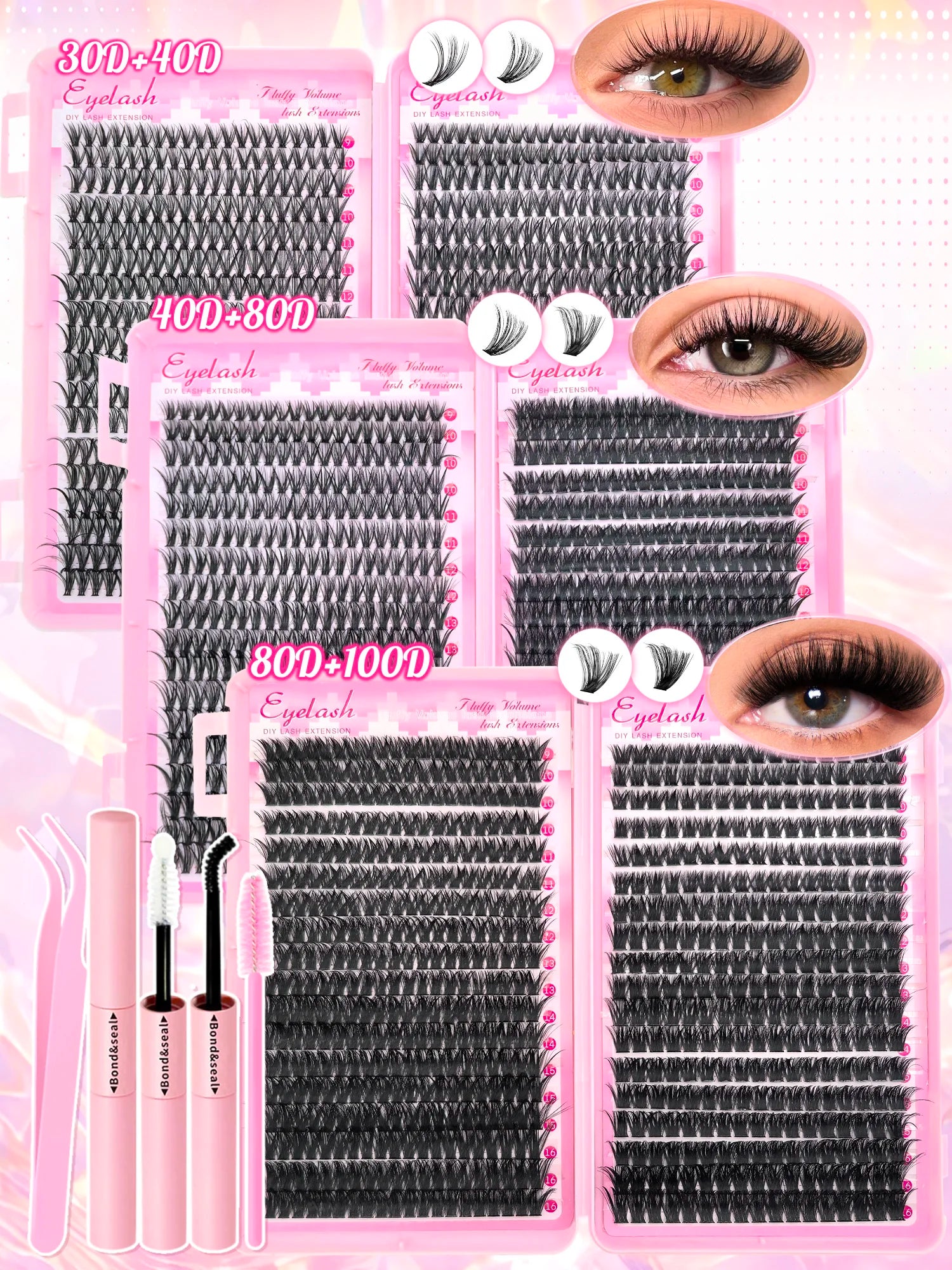 DIY Lash Extension Kit Clusters Individual Eyelashes Kit 9-16mm with Bond and Seal Wispy Natural Mange Lashes