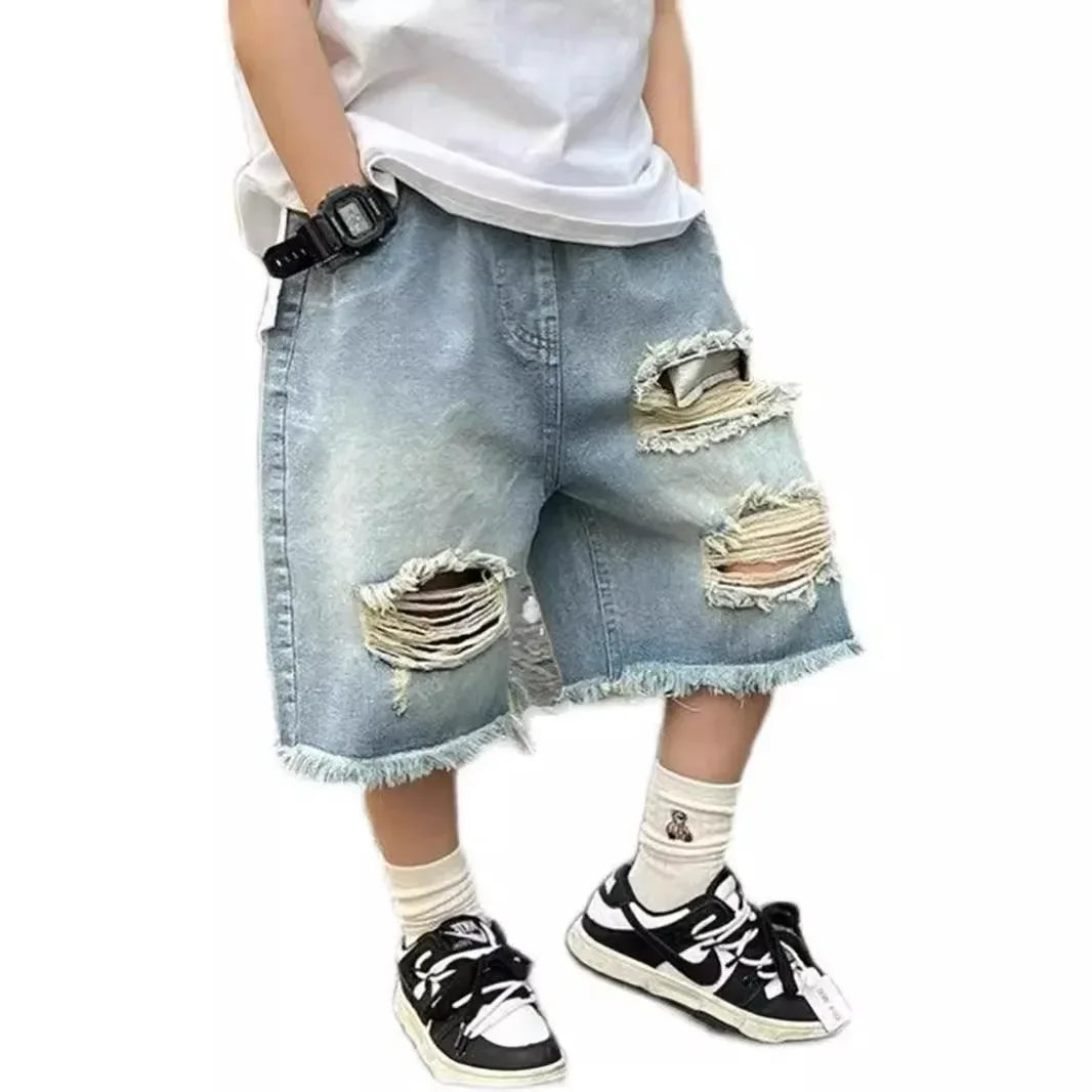 New 2025 Boys Summer Thin Denim Five-point Pants Kids Fashion Ripped Denim Shorts Trousers Teen Casual Jeans Children's Clothing