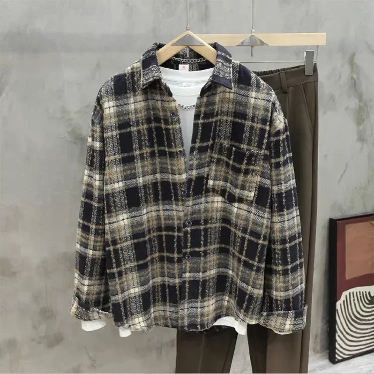 Retro American Plaid Long Sleeve Shirt Women's Lazy Style Loose Slimming Versatile Flannel Coat with Pocket Full Length Button u