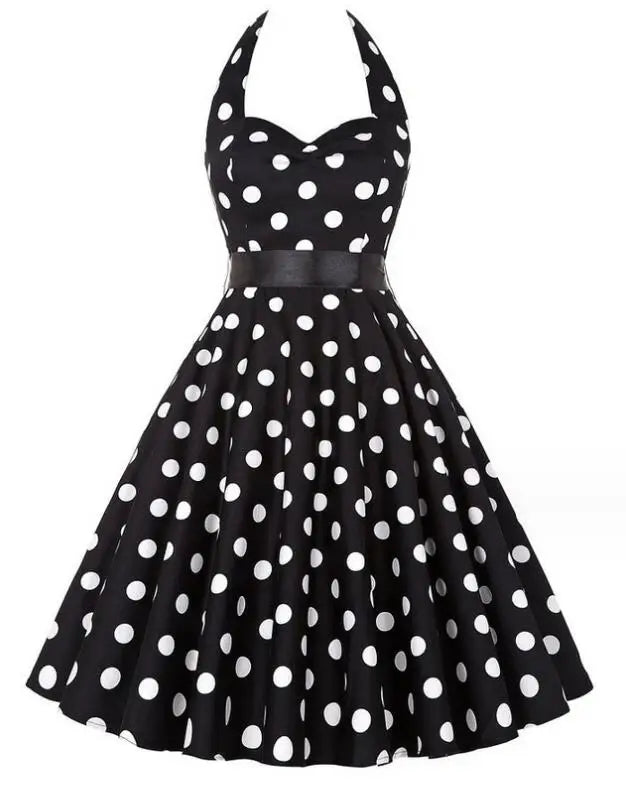 Women Summer Polka Dot Vintage Dress Fashion Party Office Lady Rockabilly Big Swing Halter Clothes