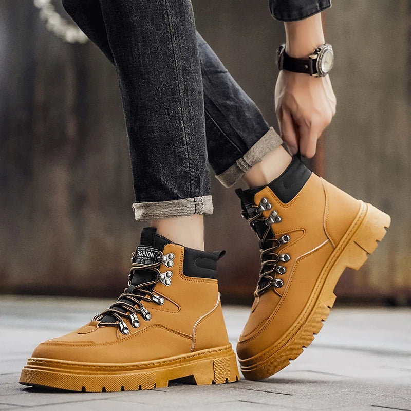 New Men's Leather Boots Brand Retro Comfortable Boots for Men 2025 Fashion High Top Non Slip Casual Shoes Business Work Shoes