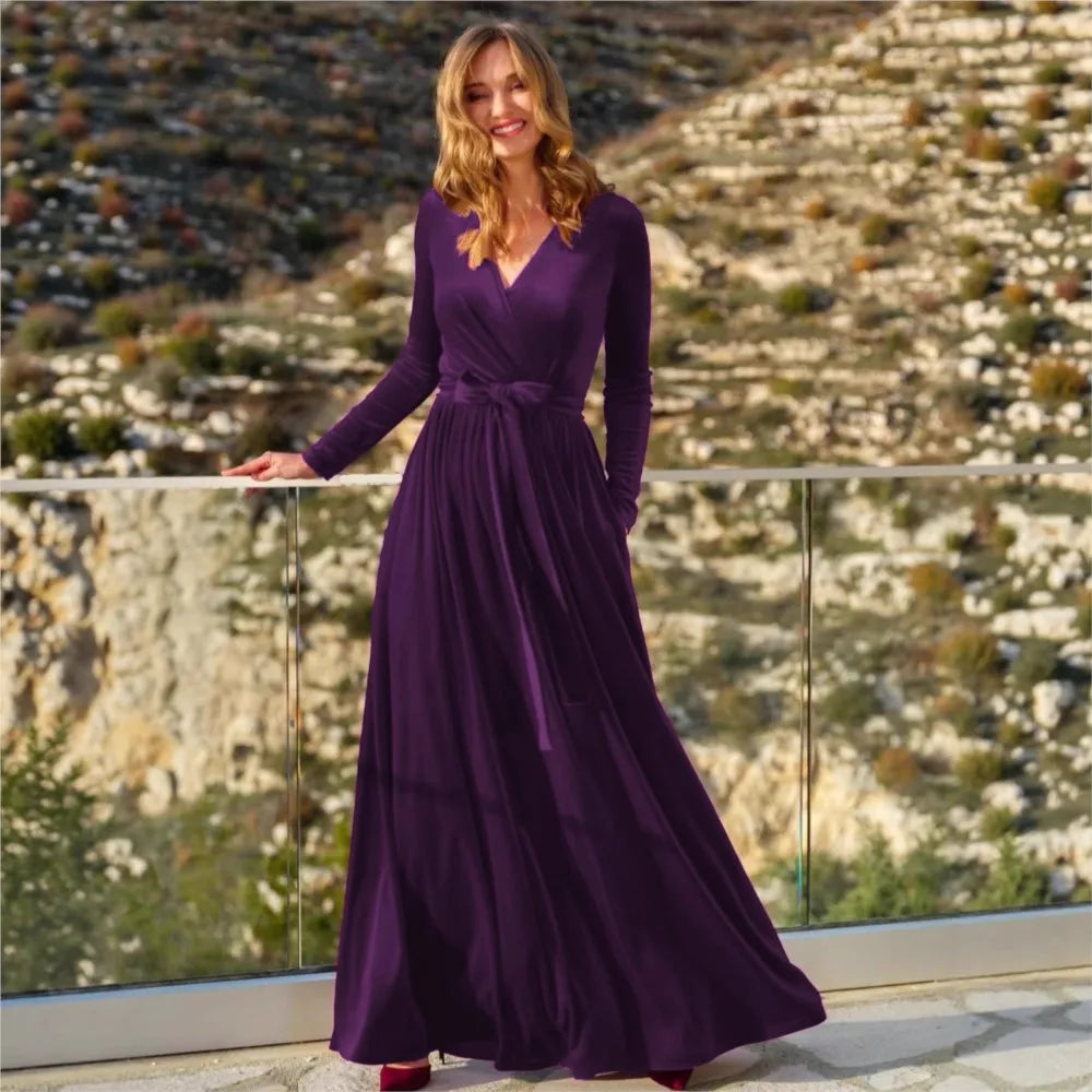 Elegant Women's German Velvet Long Sleeve Dress Autumn Winter New Slim Fit Fashion Waist Tie Female Bridesmaid Long Pocket Dress