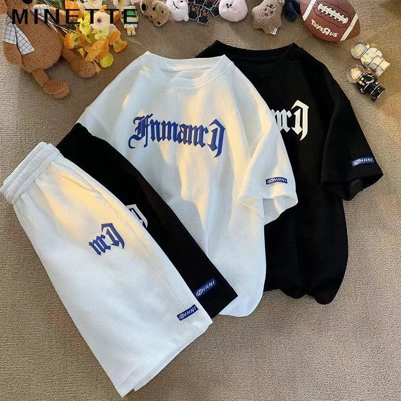 Cross-border Waffle Casual Summer Ice Silk Short-sleeved Sports Clothes Set Men's T-shirt Men's Clothing Set Matching