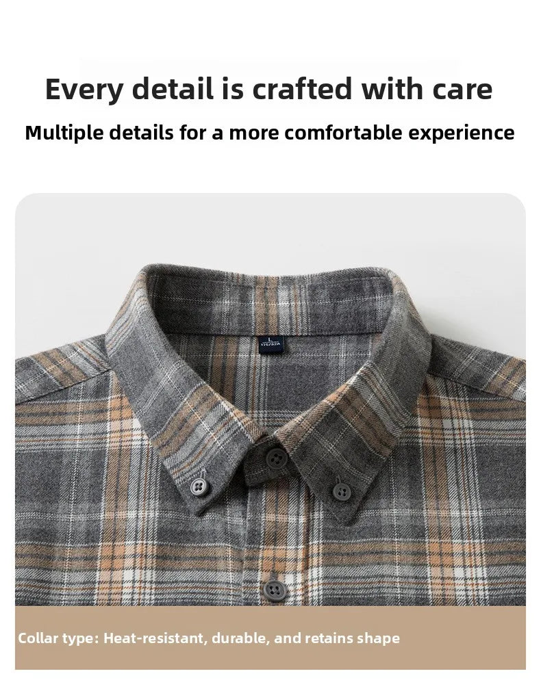 Men's Plaid Long Sleeve Shirt Fleece Finish Casual Style High End Feeling Autumn Winter Collection Fashionable Youth Urban Wear