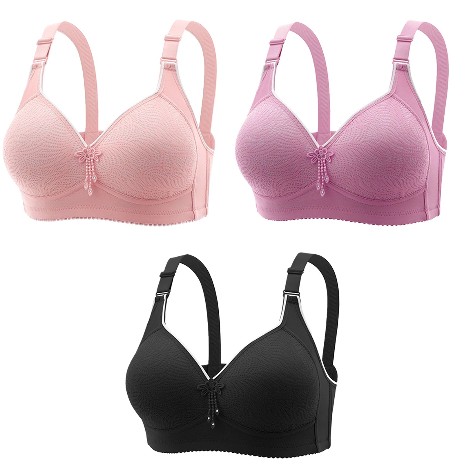 3pcs Women's Bra Lingerie - Appliques Jacquard Lightly Padded Push-Up, Adjustable Straps for Cup A B C D, Sexy Underwear