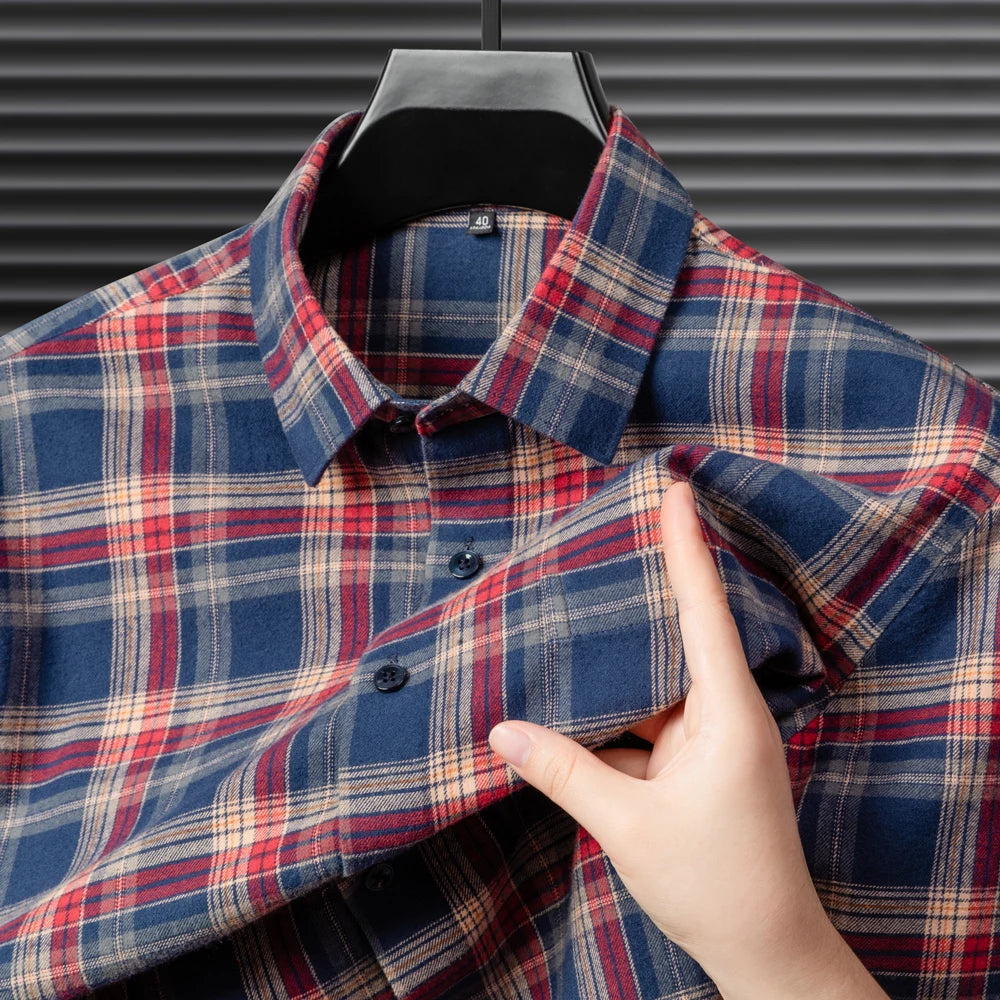 Men's Flannel Shirt Long Sleeve Plaid Button Down Shirts Regular Fit Casual Work Soft Cotton Tops Family Gathering with Pocket