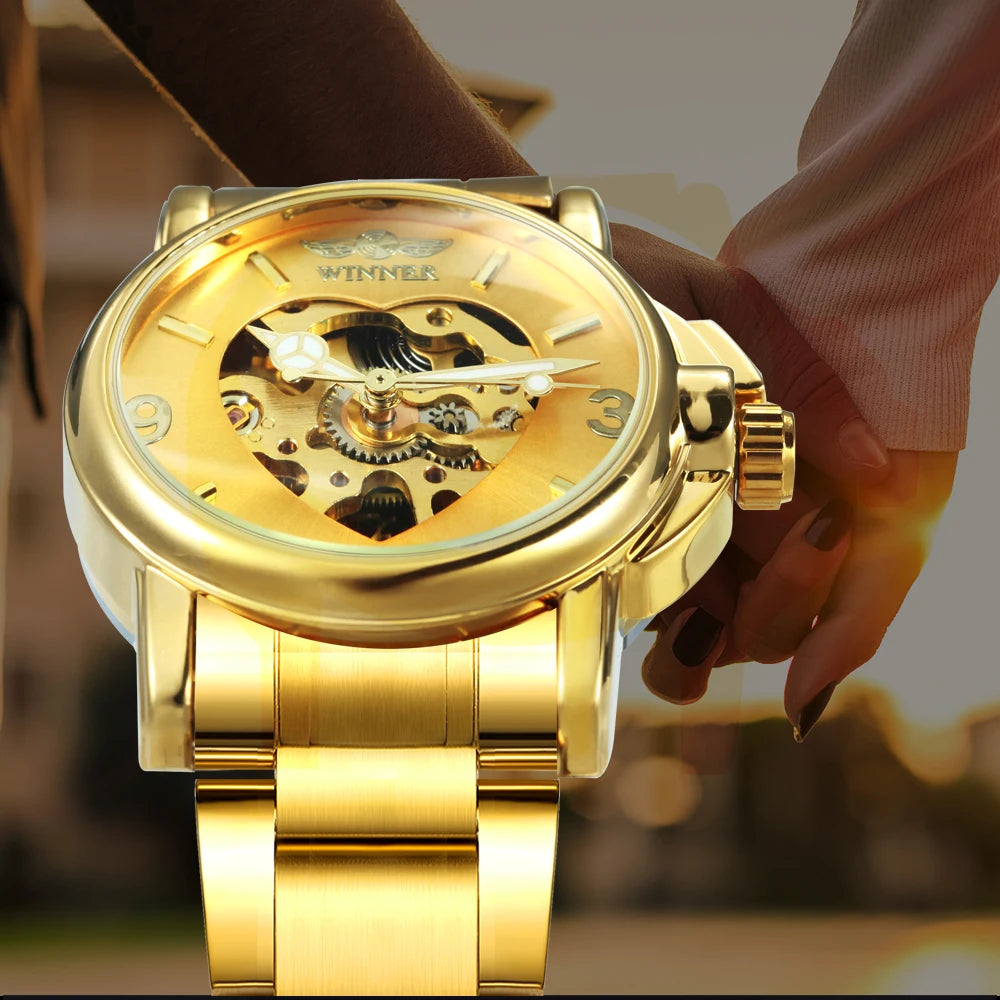 WINNER Fashion Skeleton Watch for Women Elegant Luxury Brand Automatic Mechanical Ladies Watches Gold Stainless Steel Strap 2023
