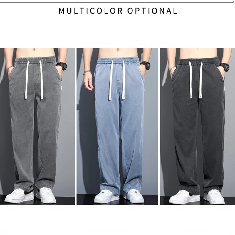 High Quality Summer Lyocell Fabric Men's Jeans Thin Straight Pants Drawstring Elastic Waist Korea Casual Trousers Plus Size
