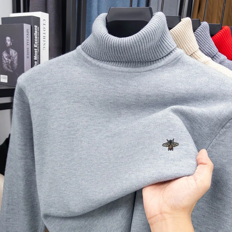 Luxury Brand Men's Autumn Winter Knit Sweater High Neck Long Sleeves Embroidery Pullover Leisure Business Keep Warm Men Clothing