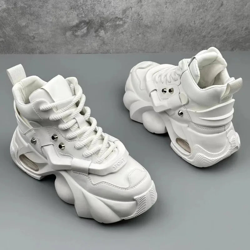 Chunky Sneakers Men Korean Style Trend HighTop Casual Shoes White Adds Height Non-slip Vulcanize Shoes Cushioning Platform Shoes