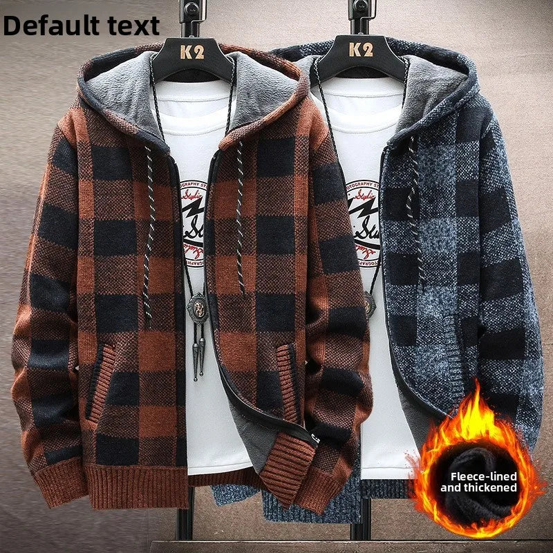Men's Hooded Thickened Fleece Knitwear Casual Outerwear Winter Warm Plaid Cardigan Coat Large Size Comfortable Street Style