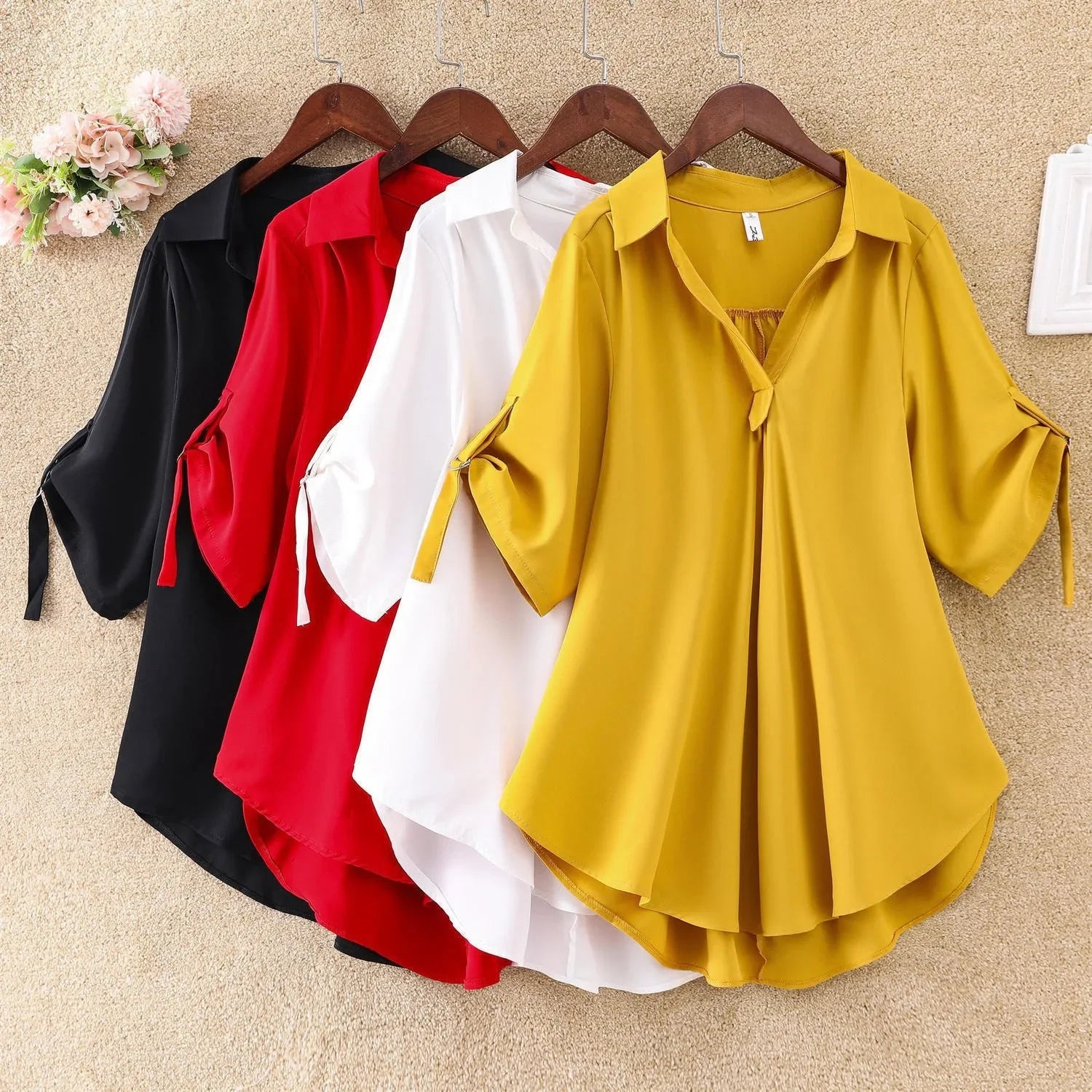 Women's Slimming Chiffon Top 2024 Summer New Style Medium-Length Short Sleeves Plus Size Loose-Fit Waist-Fitted Shirt