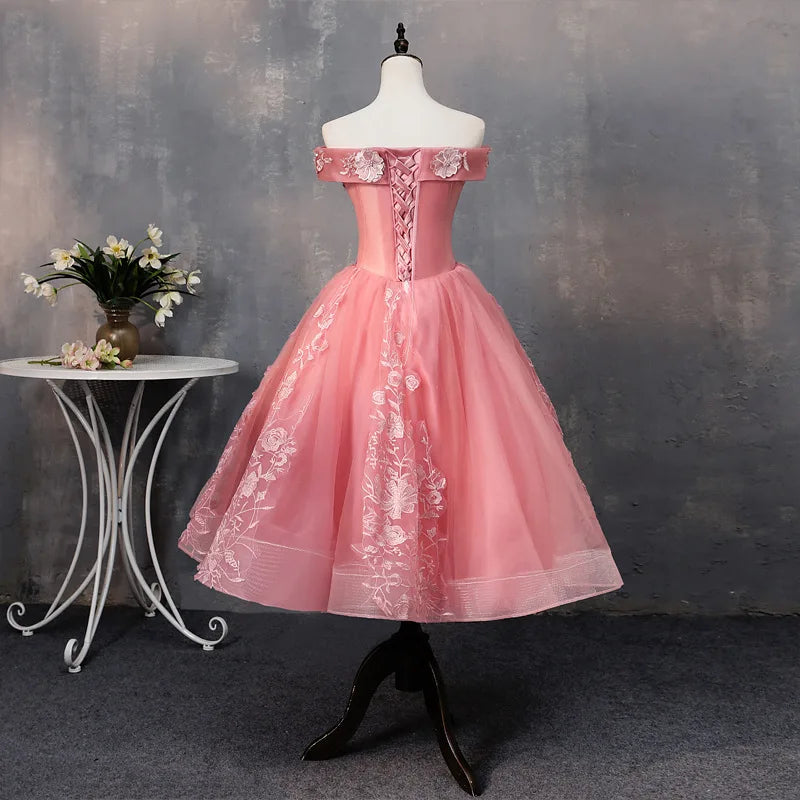 Short Evening Gown with Flared Skirt, Pink Wedding Bridesmaid Dress, Off-Shoulder Short Sleeve, Slimming Hostess Gown for Women