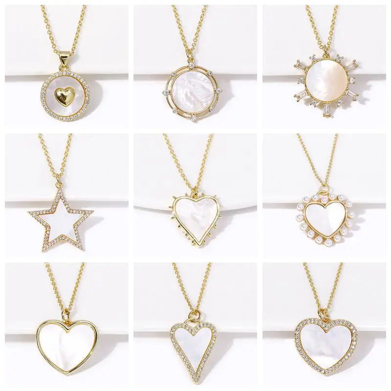 18K Gold Plated Natural Shell with Zircon/Pearl Heart Shape Pendant Necklace Trendy Necklaces For Women Jewelry Party Gifts