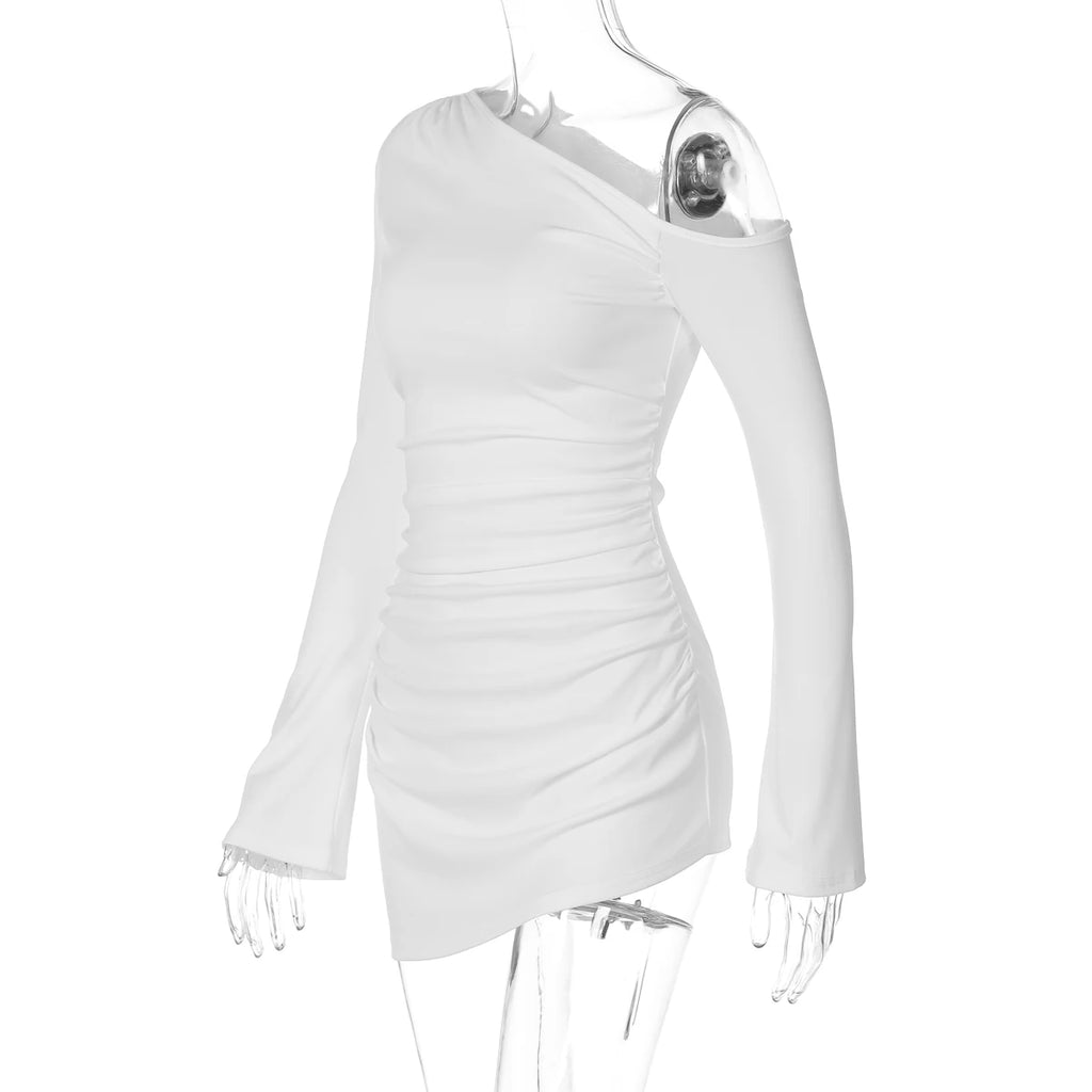 Dulzura Inclined Shoulder Long Sleeve Ruched Slim Irregular Mini Dress Women'S Solid Sexy Casual Dress Party Club Autumn Clothes