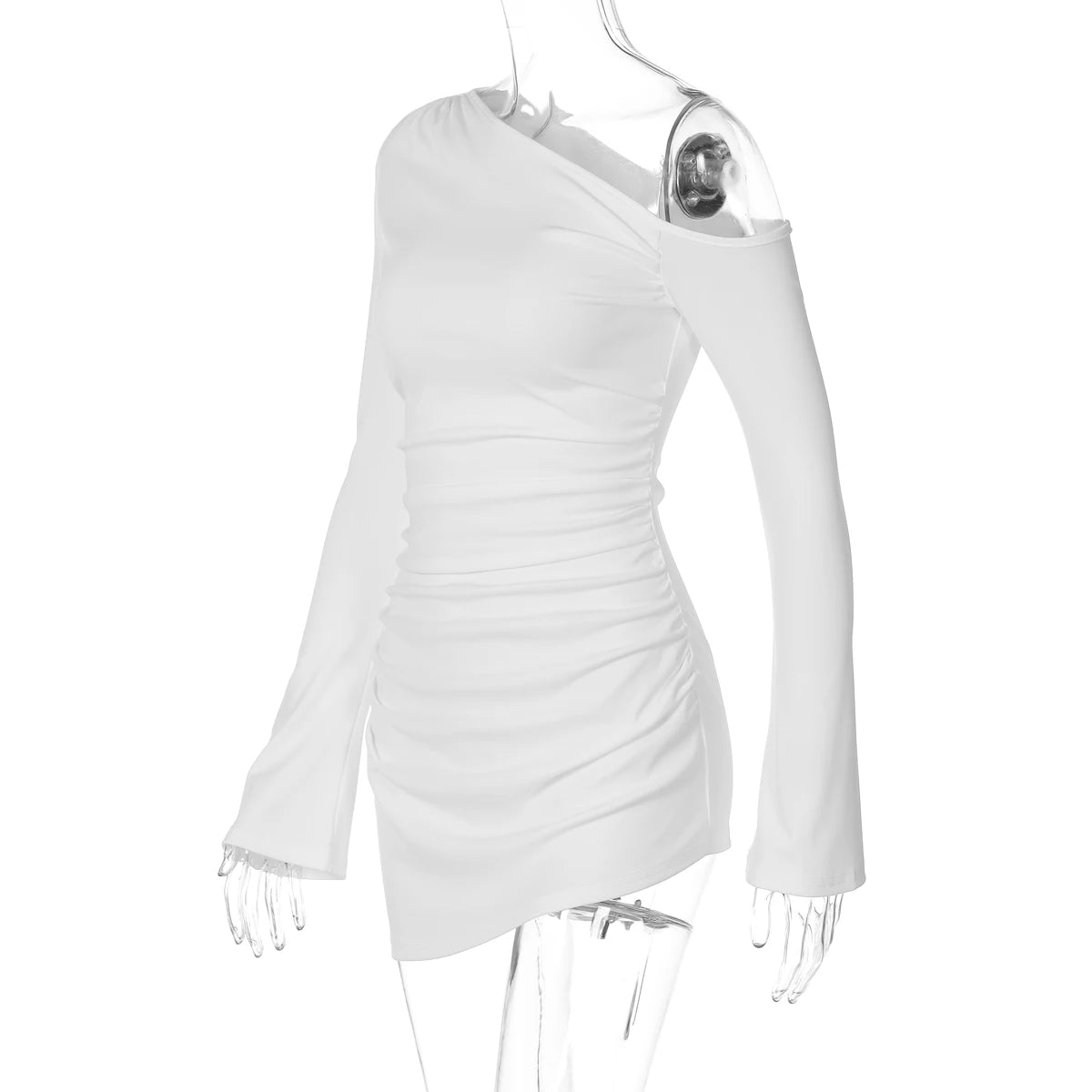 Dulzura Inclined Shoulder Long Sleeve Ruched Slim Irregular Mini Dress Women'S Solid Sexy Casual Dress Party Club Autumn Clothes