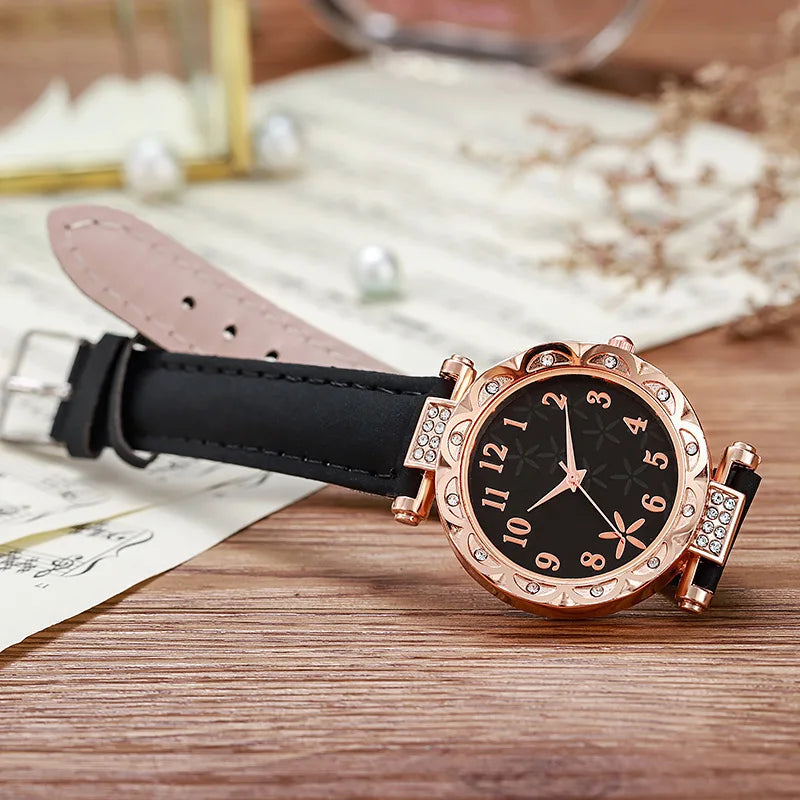 Fashion Sunflower Dial Watch Rose Gold Women's Starfish Quartz Watch Leather Strap Temperament Water Diamond