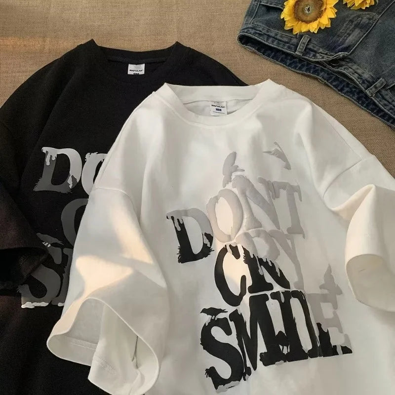 8XL New Casual T-shirt Short Sleeved Round Neck Print DONT Pigeon Letters Loose Retro Style Suitable Men