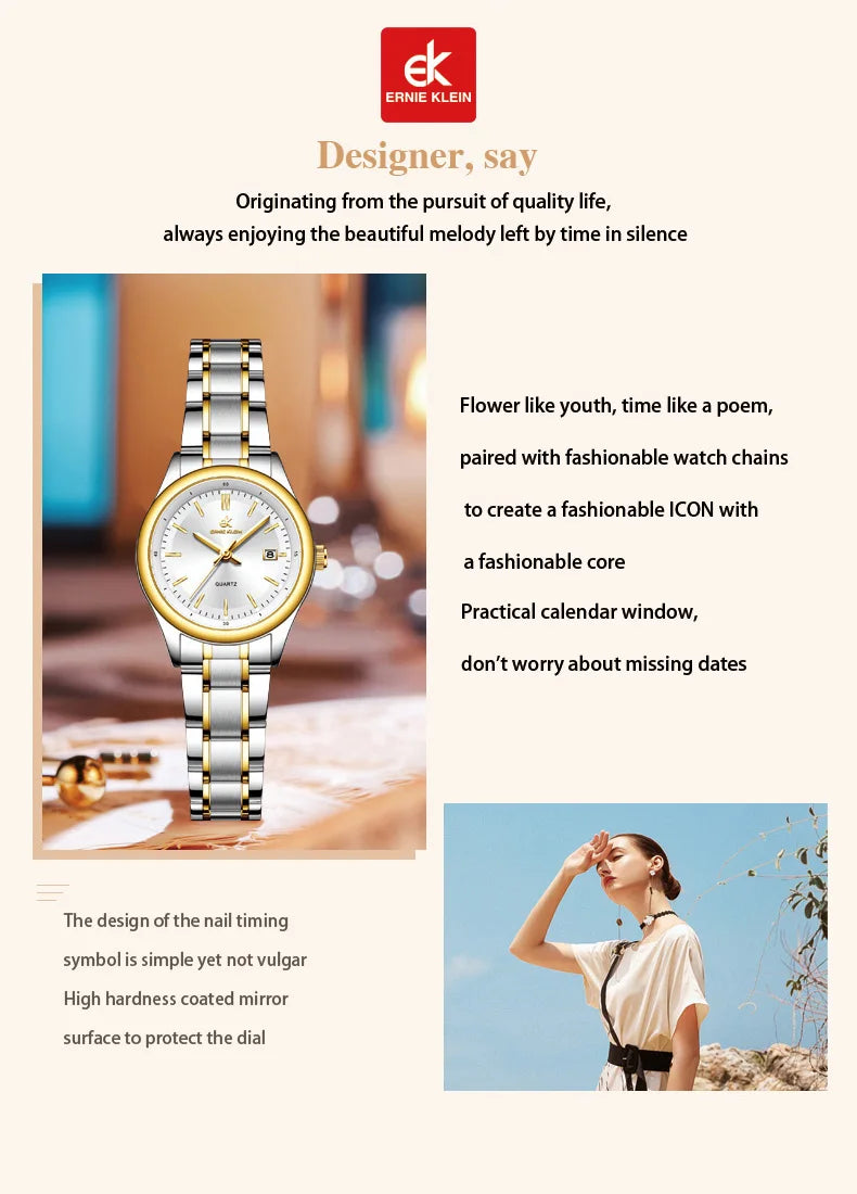 ERNIE KLEIN Women’s Watch Luxury Gold Watch OriginalDate Week Stainless Steel Waterproof Luminous Elegant Dress Ladies' Watches