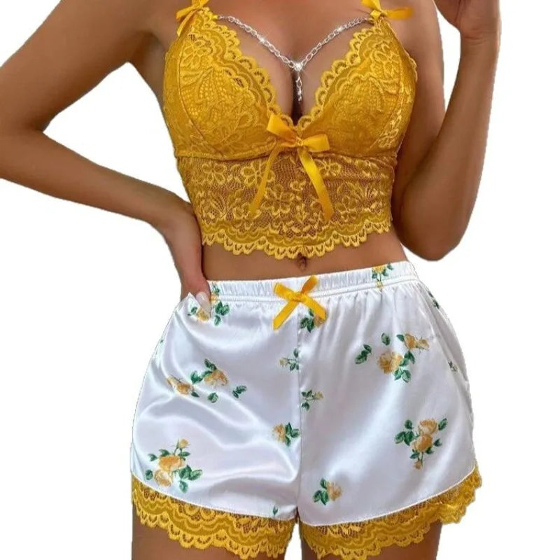 Women Sexy Lingerie Set Lace V-neck Sleeveless Cami Tops with Lace Trim Floral Shorts Nightwear Female Casual Pajamas Sleepwear