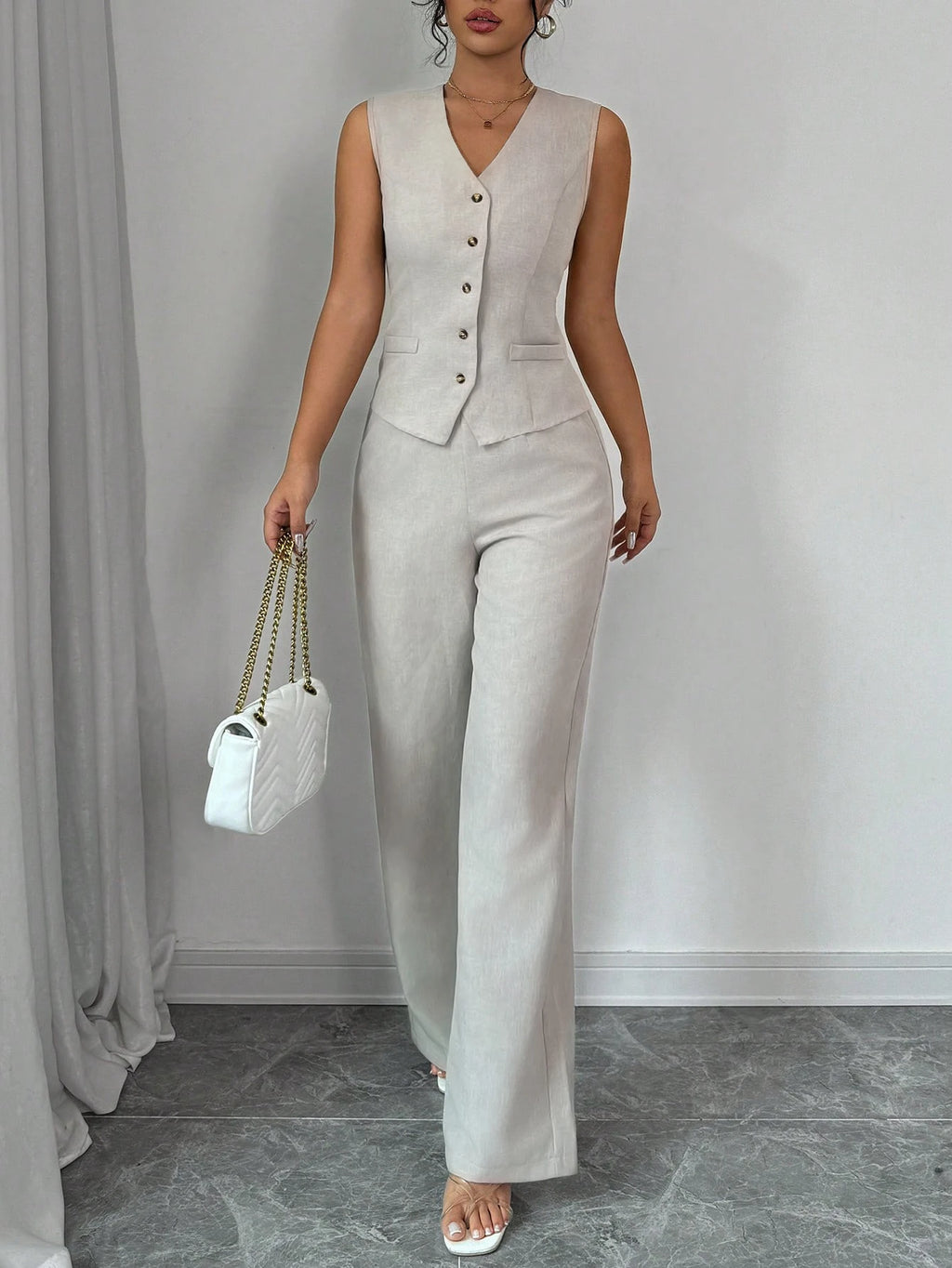 Spring Summer New Women Suit Two Piece Set Retro V Neck Single Breasted Waist Vest Wide Leg Pants Casual Commuter Outfit
