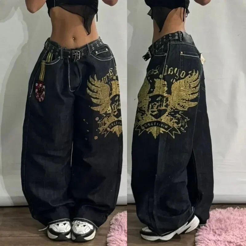 2024 New American hip-hop Vintage baggy jeans women's Harajuku high waist Y2K wide-leg pants Gothic wide pants Streetwear pants