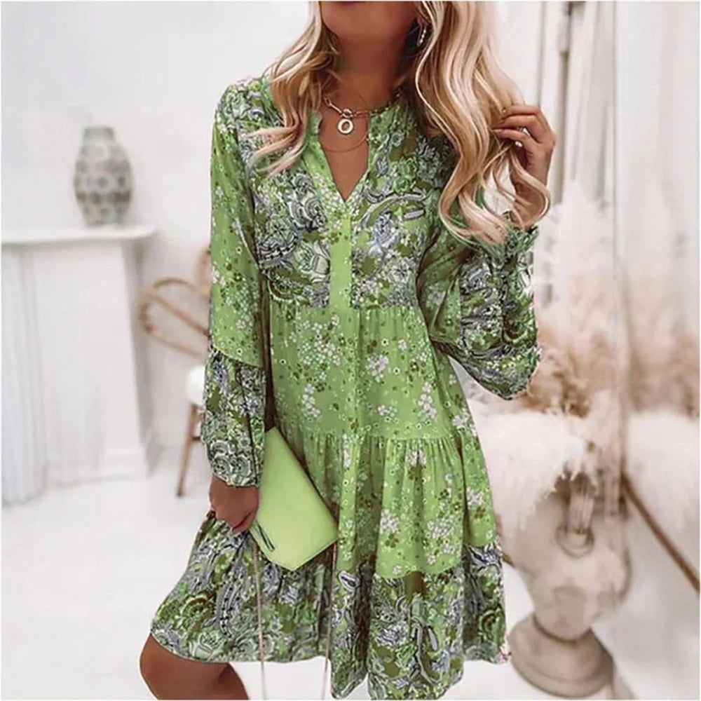 Women's Long-Sleeve Paisley Print Tiered Dress: V-Neck Button Front – Spring Summer Party Outfit, Flowy Chiffon Boho Midi Dress