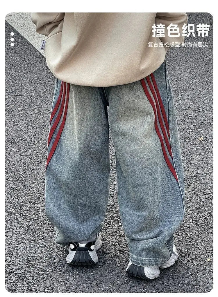 Spring 2026 Children Denim Pants YBFSKID Red Striped Spliced Toddler Kids Boys Jeans Little Baby Boys Trousers 2-10Y Boys Pants
