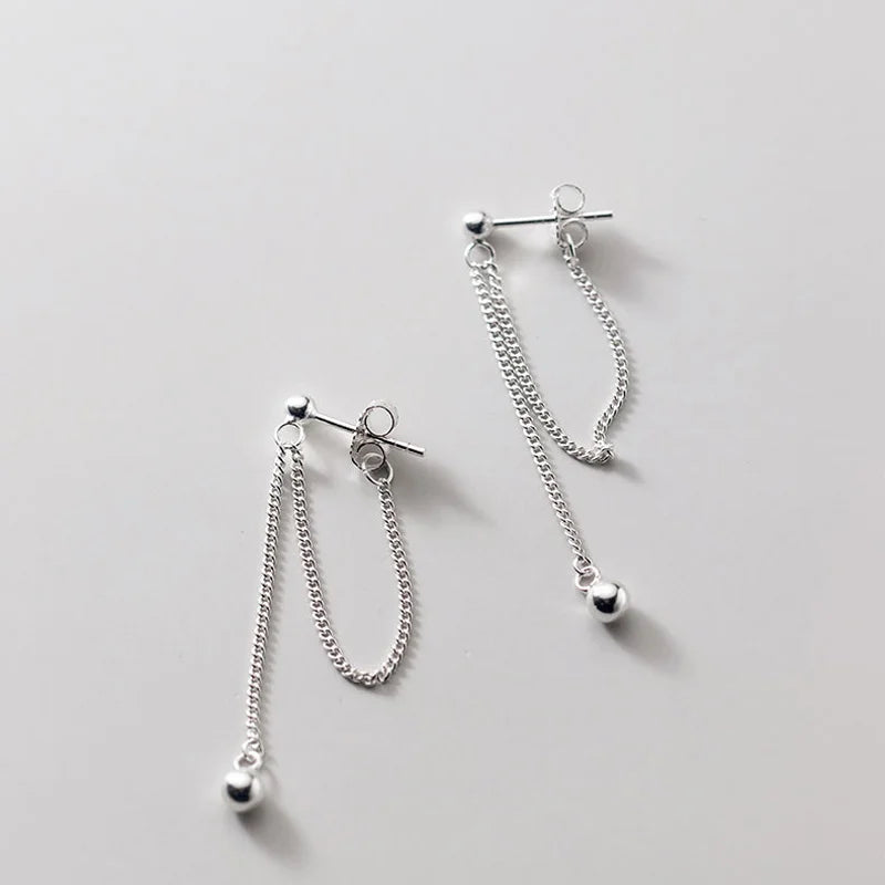 VOQ Silver Color Round Bead Chain Long Earrings Minimalist Textured Elegant Drop Earrings Female Jewelry Girls Gifts