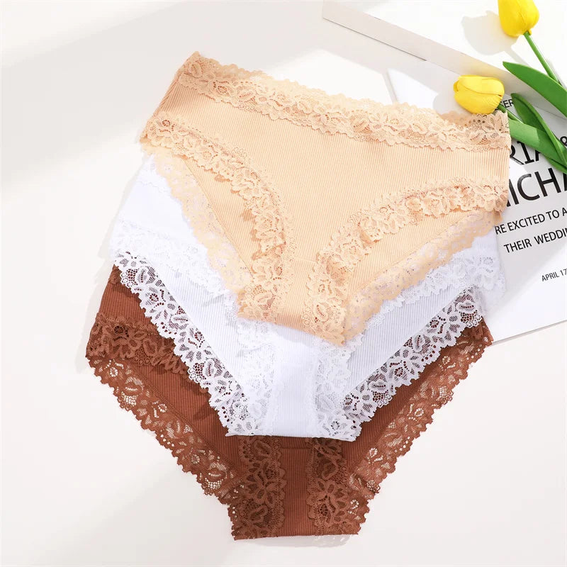 3PCS/Set Sexy Lace Cotton Panties for Women Flroal Lace Seamless Briefs Low Rise Lingerie Female Breathable Soft Underwear S-XL
