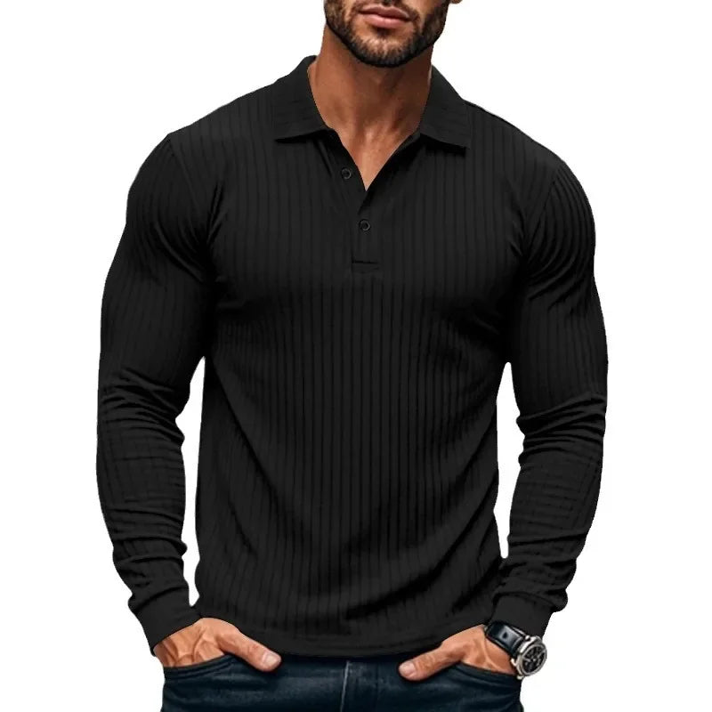 Men's Autumn  Classic Casual  Elastic Pit Strip Polo ShirtAmerican  Lapel Button-up Long-Sleeved T-shirt