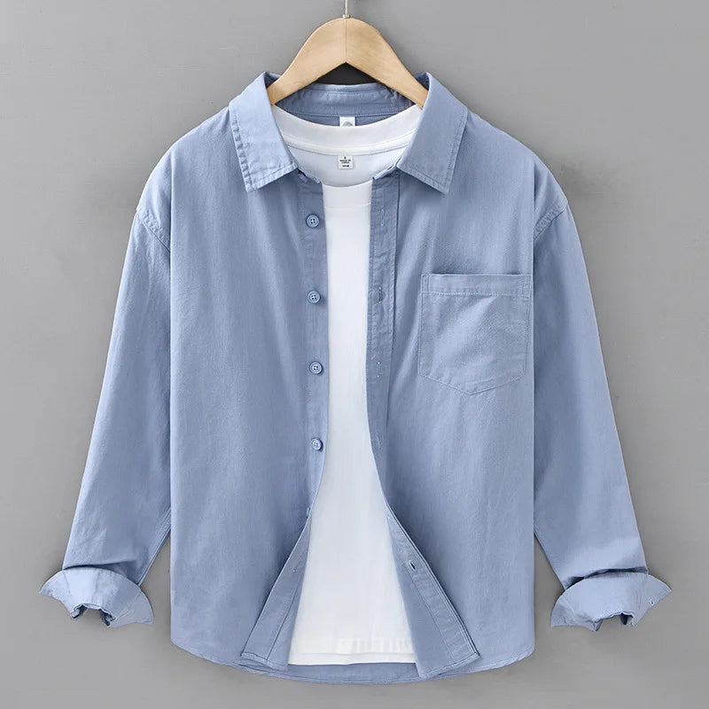 Basic Men's Long-Sleeve Cotton Shirt - Casual and Versatile Spring Style 100% Cotton Solid Color Casual Shirt