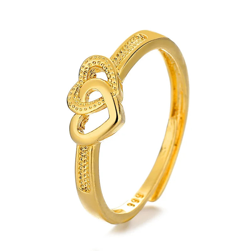 24K Gold AU999 Double Heart Jewelry | Matte hearts with glossy outlines, adjustable opening, versatile for daily wear