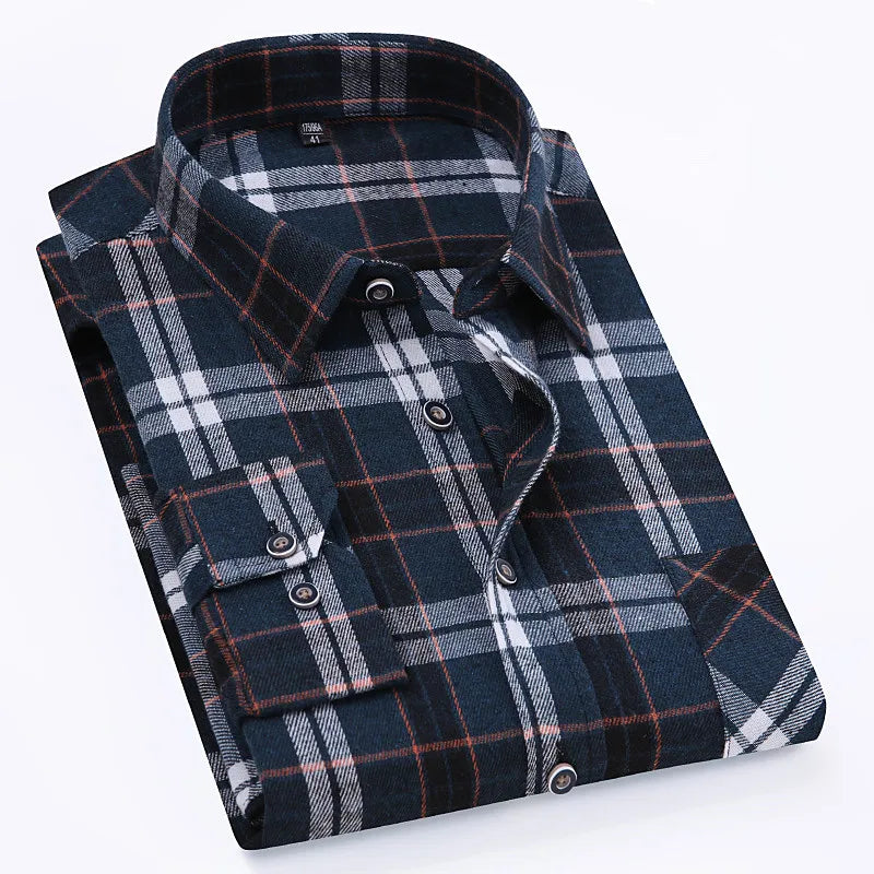 Men's 100% Pure Cotton Flannel Soft Regular-fit Long Sleeve Brushed Shirt Single Pocket Comfortable Casual Plaid Shirts 11XL-9XL
