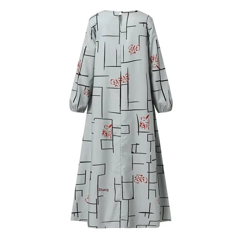 New 2025 Long Sleeve round Neck Printed Loose Fit Maxi Dress Women's Casual Wear Middle East Muslim Style Cross Border Fashion