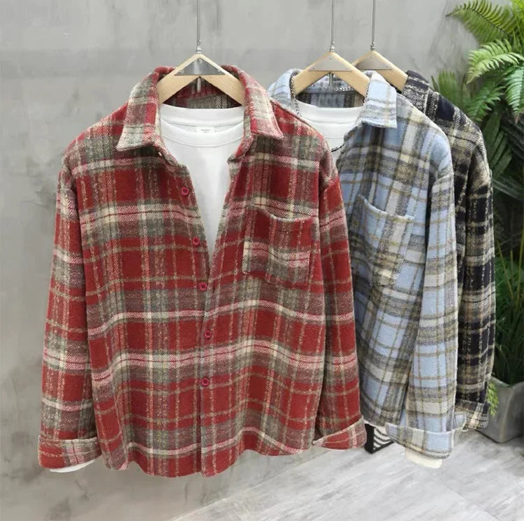 Retro American Plaid Long Sleeve Shirt Women's Lazy Style Loose Slimming Versatile Flannel Coat with Pocket Full Length Button u