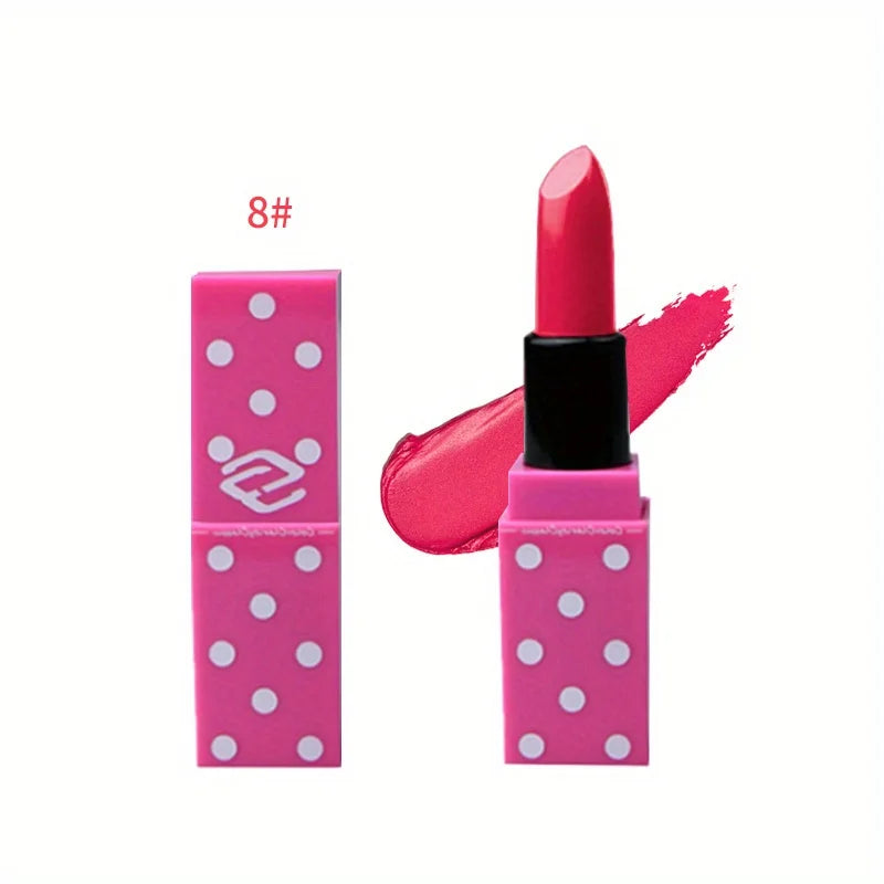 8 Colors Super Cute Girls Lipstick, Pink Polka Dots Design Long Lasting Non-fading Waterproof Velvet Lip Color, Non-Stick Cup