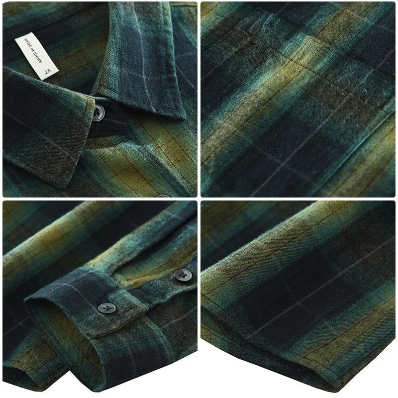 Oversized 100% Cotton Men's Plaid Shirt, Japanese Casual Style, Green Coffee Check Camping Fishing