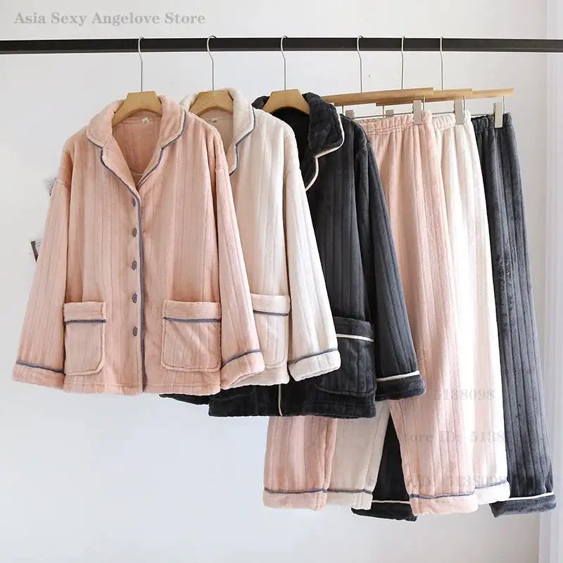 Couple Pajamas Winter Thick Coral Fleece Lapel Cardigan Sleepwear Flannel Men Women's Home Clothes Intimate Lingerie Nightwear