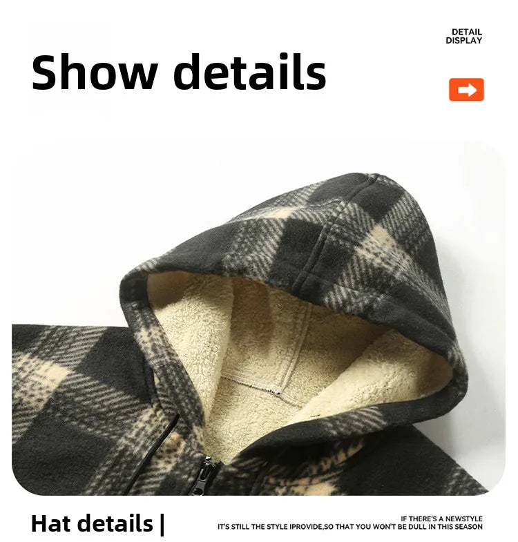 Men's New Plaid Hooded Jacket Sweater Autumn/Winter Fleece Coat Thickened Warm Casual Clothing Windproof Outerwear