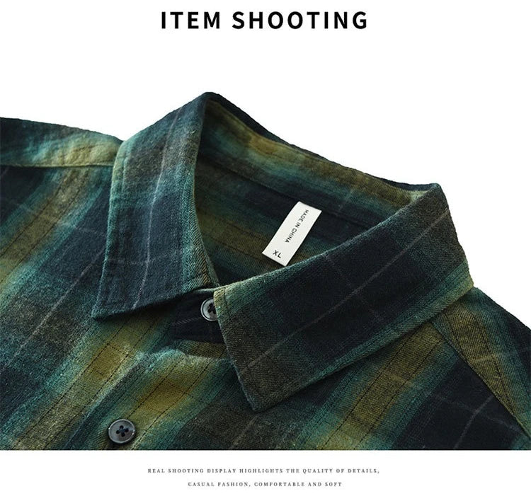 Oversized 100% Cotton Men's Plaid Shirt, Japanese Casual Style, Green Coffee Check Camping Fishing