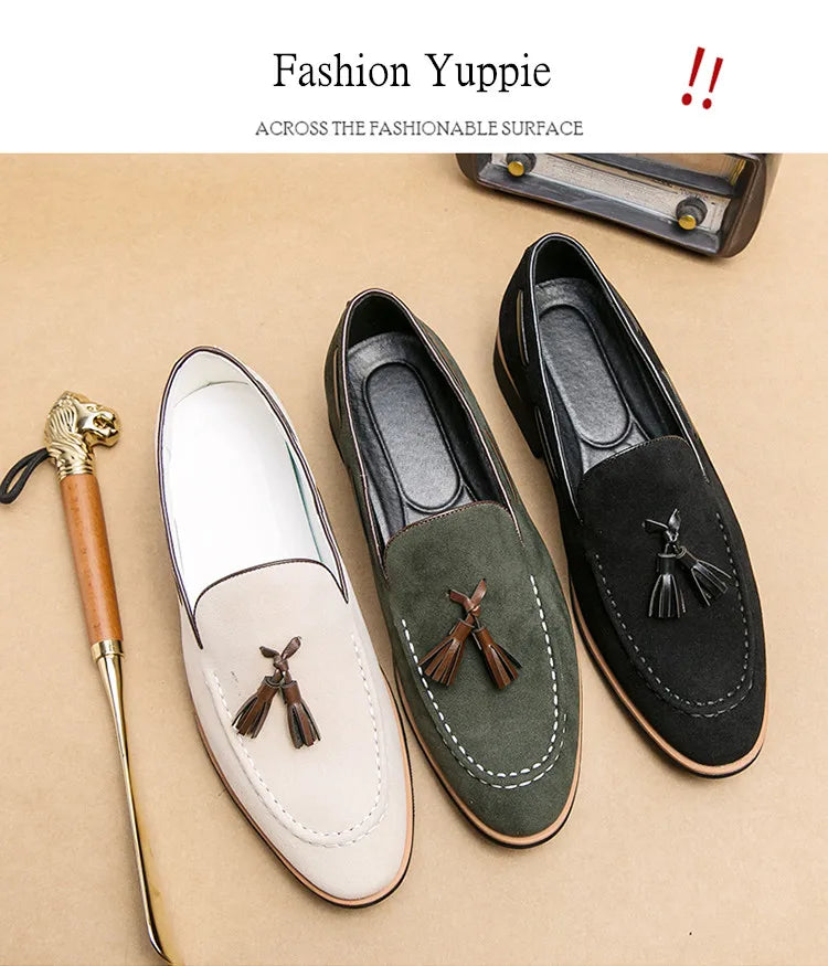 British Style Tassel Loafers Man Quality Suede Leather Shoes For Man Luxury Pointed Elegant Gentleman's Shoes chaussures homme