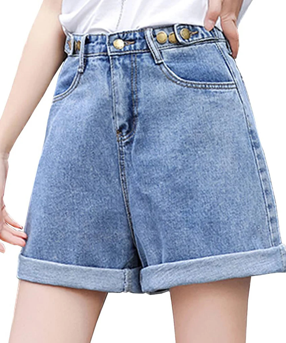 New Summer Women High Waist Button Wigh Leg Jeans Shorts Casual Female Loose Fit Blue Denim Shorts
