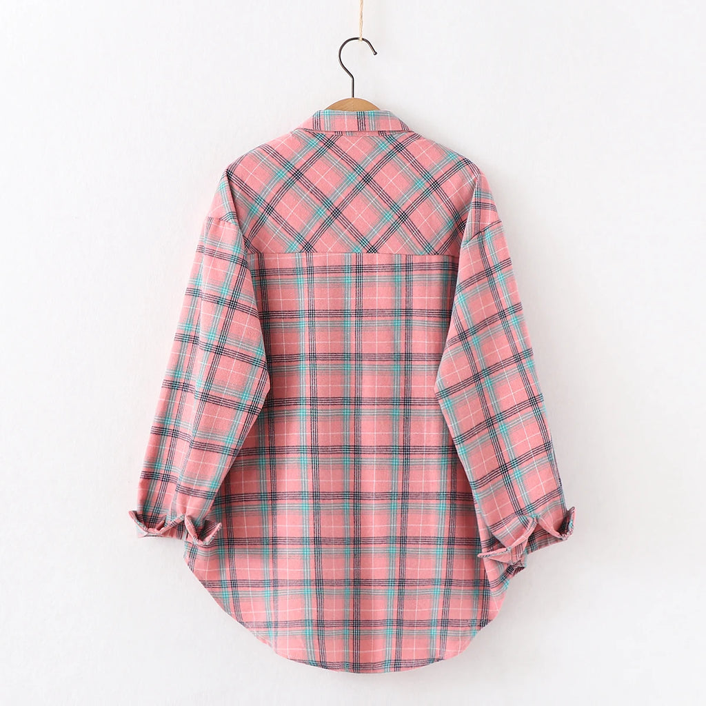 Fresh Flannel Plaid Shirt Women 2025 New Female Blouses and Tops Cotton Loose Long Sleeve Casual Shirts Fine Women's Clothes